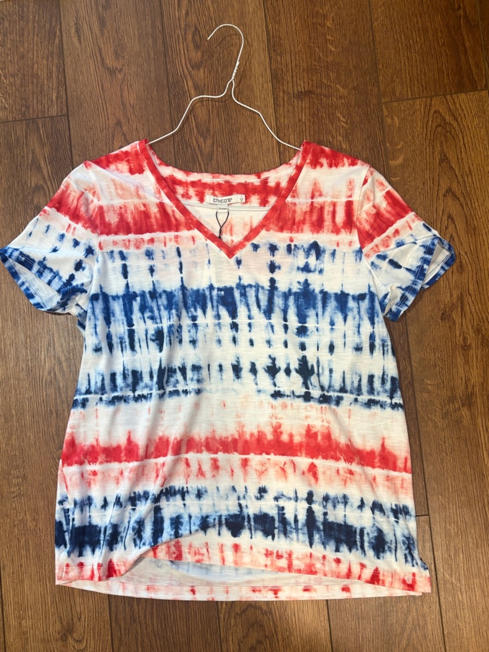 Chico's Red, White & Blue Tie-Dye V-Neck Short Sleeve Top